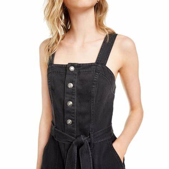 OAT New York Black Denim Cropped Slit Hem Wide Leg Adjustable Jumper Romper 12 - Picture 3 of 16